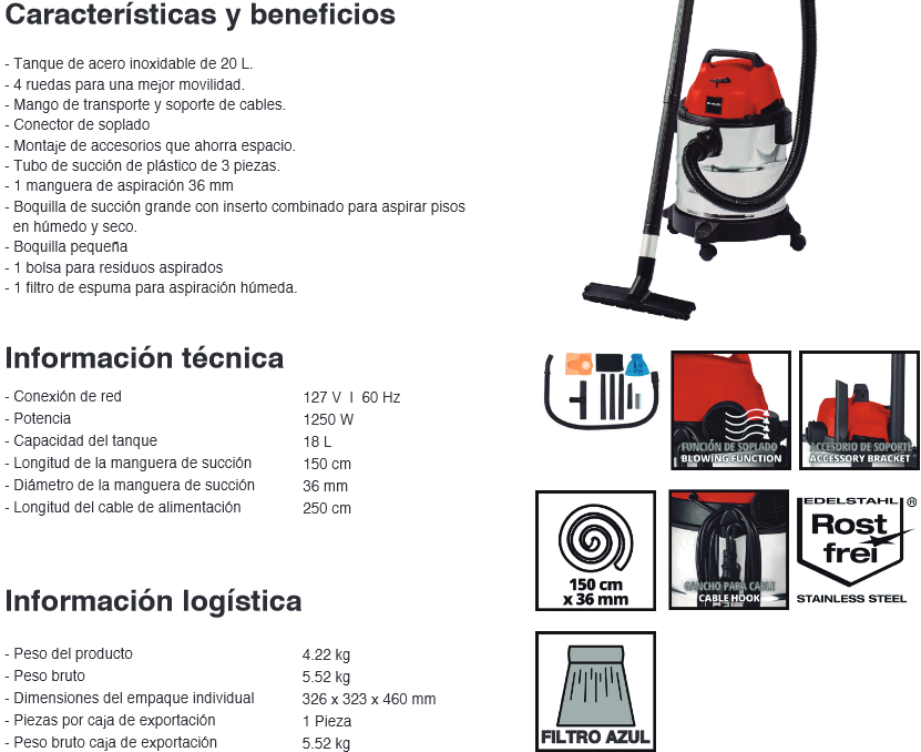 Aspiradora Húmedo Seco Einhell 18L 1250W - Profesional