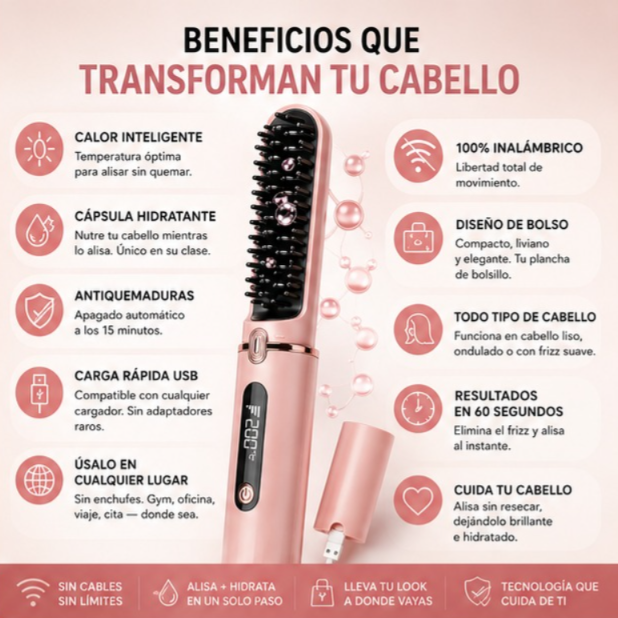 Cepillo Alisador Inalámbrico – Plancha Multifuncional con Cápsula Hidratante - AUREVAX