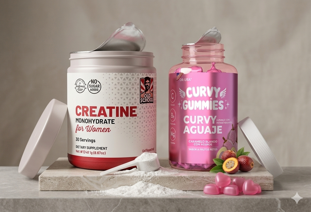 Combo Curvy Gummies + Creatina Gummies AUREVAX - Suplemento natural para curvas femeninas y fuerza muscular con aguaje amazónico y creatina monohidrato 5g en formato gomita - Ecuador