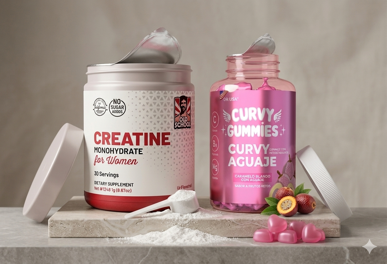 Combo Curvy Gummies + Creatina Gummies AUREVAX - Suplemento natural para curvas femeninas y fuerza muscular con aguaje amazónico y creatina monohidrato 5g en formato gomita - Ecuador