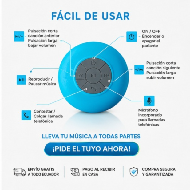 Parlante de Ducha Bluetooth - Resistente al Agua IPX4 con Manos Libres